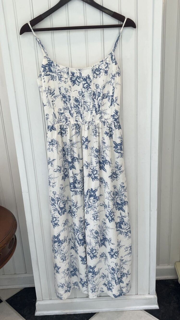 WAYF Sm Rachelle Linen Maxi Dress Toile Bustier Cottagecore Beach Pockets
